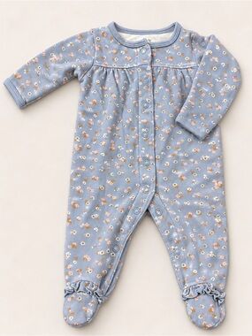 Carter’s - Button Down Sleeper - Blue W/ Print & Ruffles (Cotton) - 3M